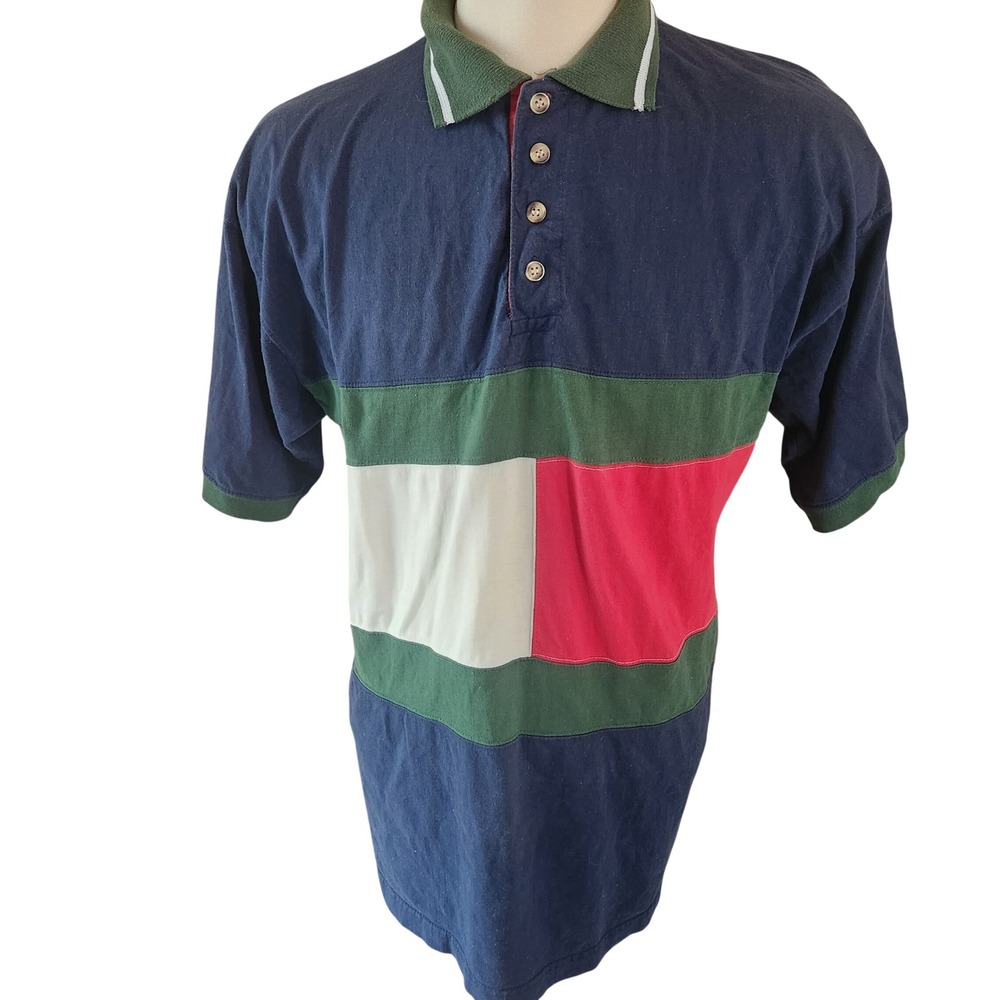 Vintage Color Block‎ Polo Shirt Mens XL Navy Green Red White